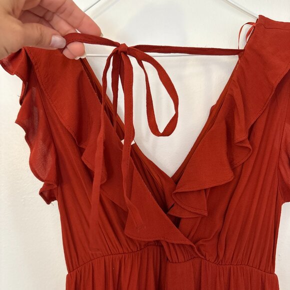 NAF NAF Dress Ruffle V Neck Rust Orange Boho - Picture 6 of 9